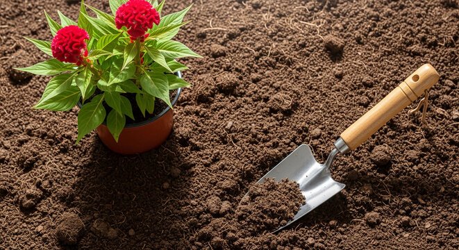Red celosia flower in pot with garden trowel on soil, symbolizing growth, nature, and gardening, ideal for planting and summer themes