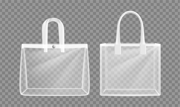 Clear bag mockups set. Vector realistic carriers in shape of trapezoid and square. Packaging collection with transparent materials and structured handles. Branding, retail and product presentation