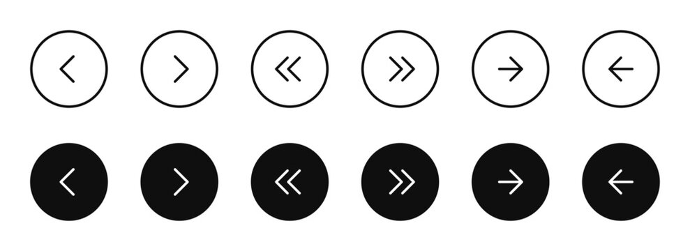 Navigation arrow icon set in outline and filled styles. Previous, next, forward and back buttons for web interfaces and mobile apps. Minimal UI controls with editable strokes. Vector illustration