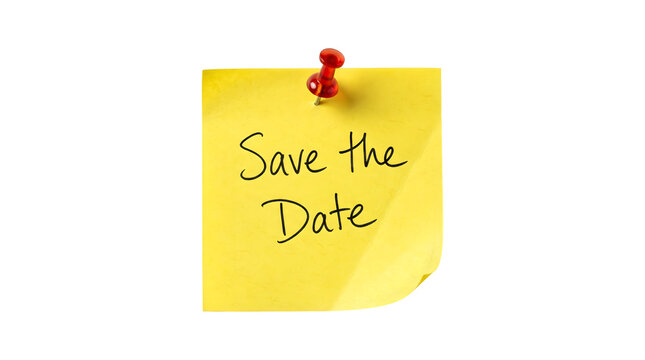 Save the date note displayed on a yellow reminder as PNG isolated on transparent background with a red pushpin