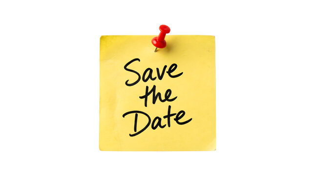 Save the date reminder pinned on a yellow note as PNG isolated on transparent background for event planning