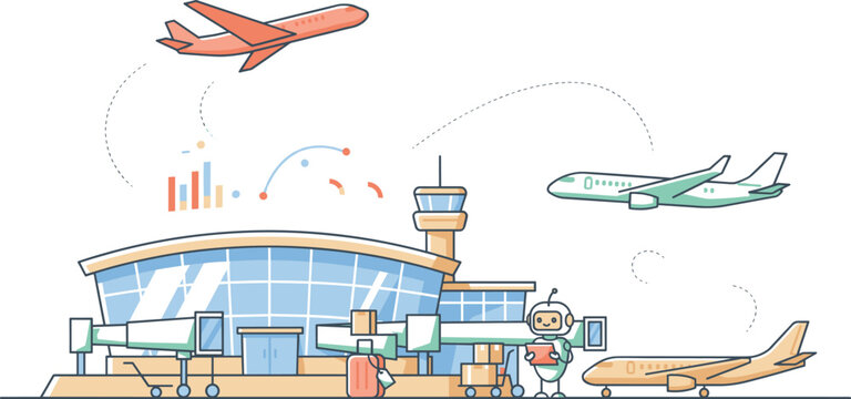 Airport terminal with airplanes, luggage, and a robot assistant
