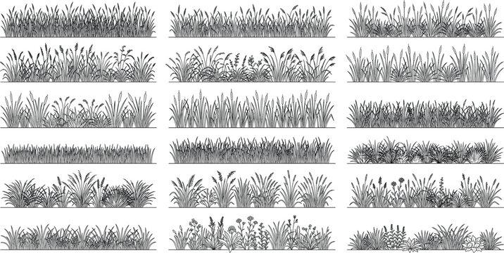 Hand Drawn Grass Border Collection with Wild Meadow Plants and Natural Landscape Dividers
