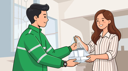 Obraz premium Food Delivery Service A Courier in Green Uniform Handing Order to a Female Customer