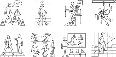 Fototapeta premium Workplace Safety Training Line Art Collection with Ergonomics Fall Prevention and Safe Work Practices
