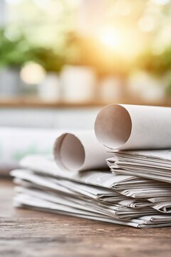 Freshly Printed Newspapers Stacked on a Wooden Table with Soft Morning Sunlight and Greenery Background