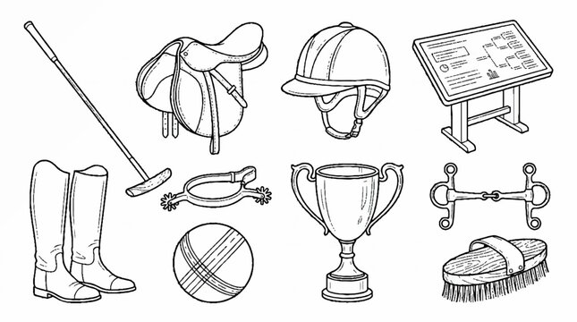 Collection of hand drawn equestrian and polo sport equipment icons.