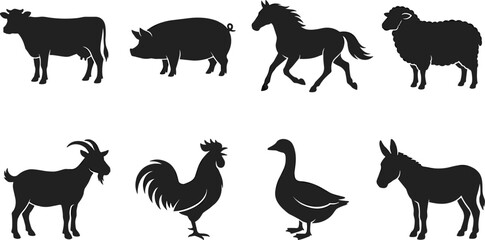 Farm animal vector silhouettes set including cow pig horse sheep goat rooster goose donkey © Mst
