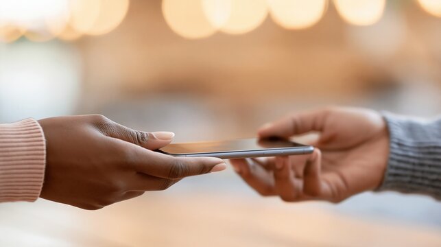 Close up of two hands exchanging a smartphone, demonstrating technology transfer and connection