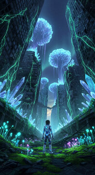 Astronaut stands in overgrown ruins, surrounded by glowing flora and giant crystals, symbolizing nature's reclamation and a futuristic exploration