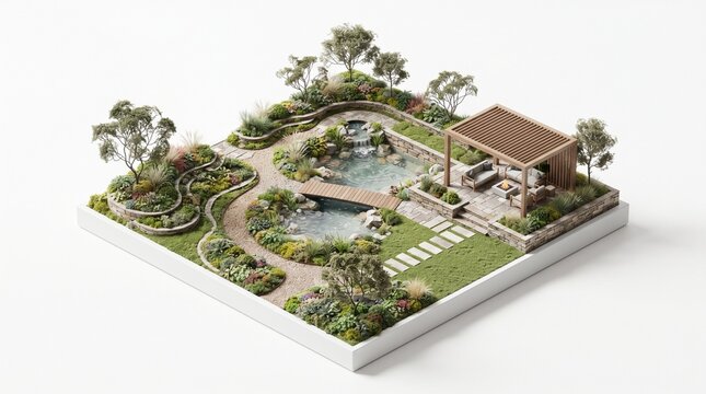 Miniature isometric garden model with pond, gazebo, and stone pathways on white background