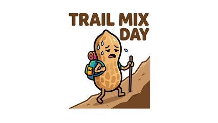 Fototapeta premium Peanut Hiking with Backpack and Stick for Trail Mix Day Celebration