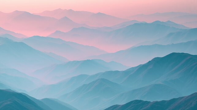 Serene Hazy Mountain Peaks at Sunrise with Soft Pink and Blue Light Layers