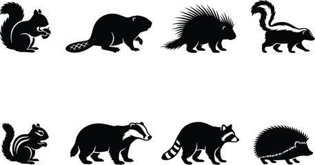 Naklejka premium Wild Forest Animals Silhouette Set Featuring Squirrel Beaver Porcupine Skunk Raccoon Badger Hedgehog
