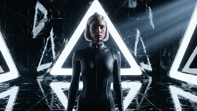 Futuristic woman stands in dark neon-lit room. Glowing neon triangle shapes illuminate marble walls. Woman in bodysuit poses near futuristic light. Dark marble floor reflects neon glow. Sci-fi style.