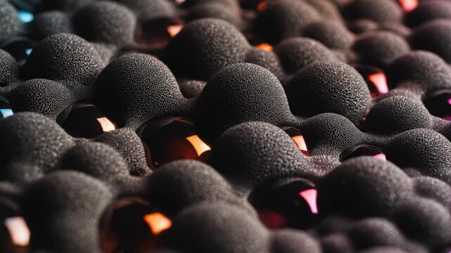 Close-up of black sponge soundproofing acoustic foam with colorful light reflections and textures