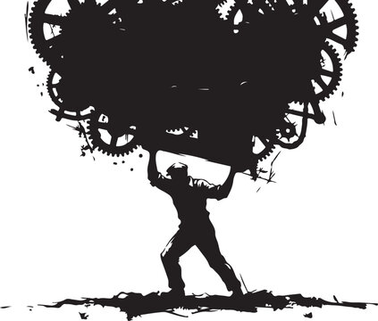 Silhouette of a worker lifting heavy mechanical gears representing industrial strength and hard labor vector illustration