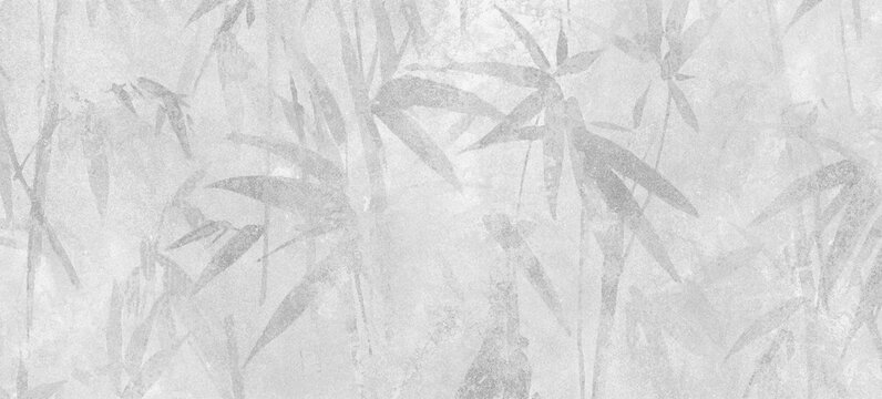 light gray textured background featuring soft, faded silhouettes of bamboo leaves.