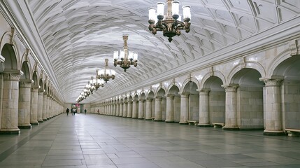 Obraz premium Grand Marble Subway Station Hallway with Ornate Chandeliers and Arched Colonnade