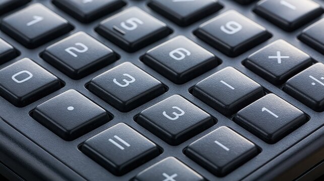 Close-up Macro View of a Modern Digital Calculator Keypad with Numbers and Symbols
