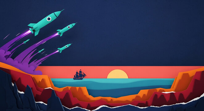 Stylized rockets ascend above a layered landscape of mountains, sea, and sunset, symbolizing progress, exploration, and dreams