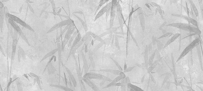 soft silver-gray textured background featuring distinct, faded silhouettes of bamboo leaves.