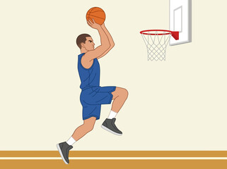 Flat Vector Illustration of a Male Basketball Player in Blue Uniform Jumping for a Shot at the Hoop © Njilim