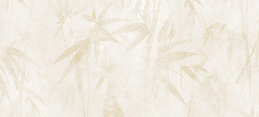 pale beige textured background featuring soft, faded silhouettes of bamboo leaves. © kartik