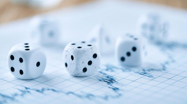 White dice scattered across a financial chart graph representing risk and uncertainty in business decisions