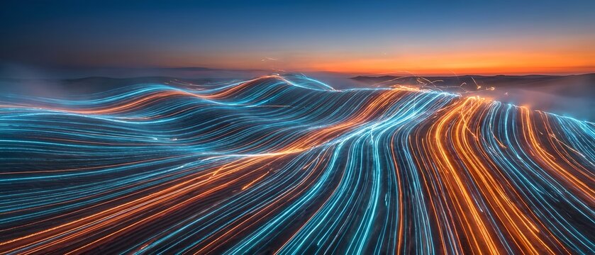 Light trail waves over a misty landscape at dusk: a dramatic long‑exposure photograph captures undulating hills blanketed in soft fog, overlaid with luminous streaks of blue and orange light that flow