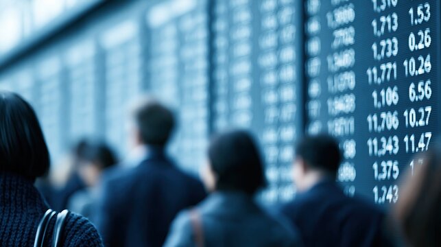 Blurred crowd of people looking at a large digital stock market ticker board displaying financial data