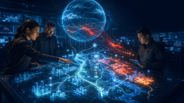 Climate Risk Command Center &ndash; Emergency Team Monitoring Wildfire and Extreme Weather on Holographic Map
