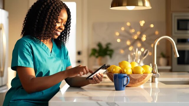 Nurse using smartphone at kitchen counter at home. Woman in scrubs scrolls phone and smiles. Healthcare worker checks mobile device near coffee mug. Nurse browses phone in modern warm kitchen.