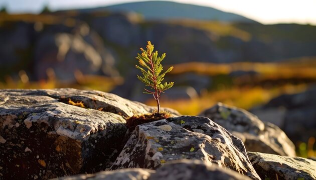 Close-up of a small green pine tree seedling growing in rocky soil.