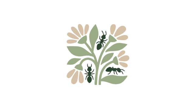 Ants on floral plant, nature illustration, pastel colors, vector graphic
