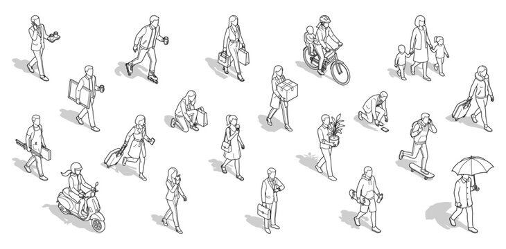 Isometric People Line Art Silhouettes for CAD Architectural Entourage and Site Plan Visualization Vector Set