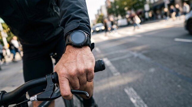 Close up of urban cyclist wearing black round smartwatch holding bicycle handlebar on city street crosswalk