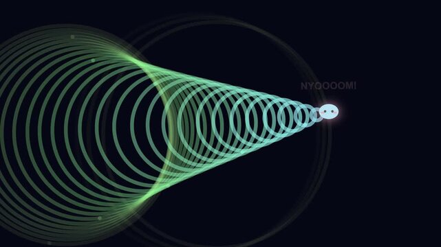 Cute abstract character moving fast with motion blur trails and text