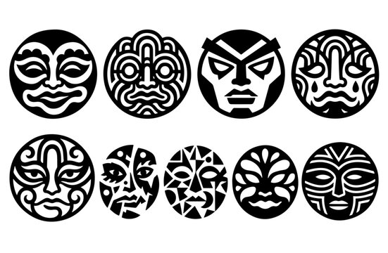 Tribal mask vector set, ethnic face icons with geometric patterns, black and white indigenous mask collection for logo design and cultural branding
