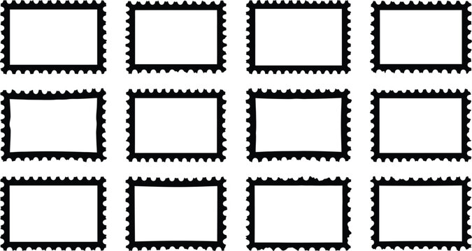 Collection of blank postage stamp frames on transparent background for custom design projects.