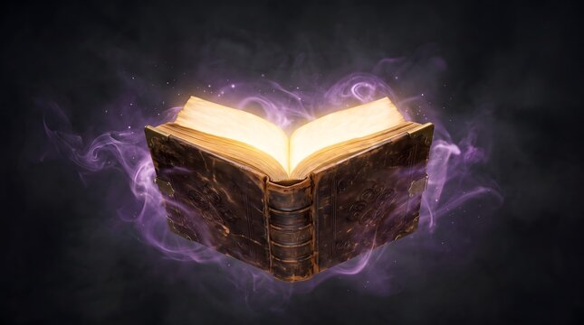 Glowing Open Magic Spell Book Floating in Dark Foggy Background
