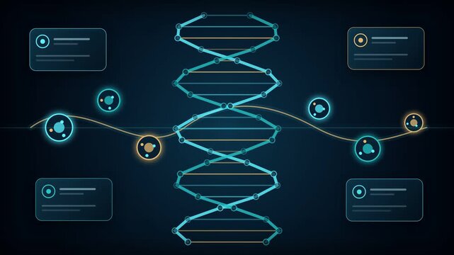 Futuristic genomics network with glowing DNA research data