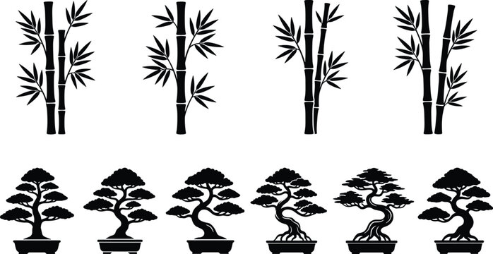 Set of bamboo stalks and bonsai trees silhouettes
