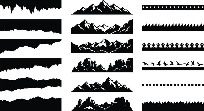 Set of black silhouette mountain ranges and decorative border elements
