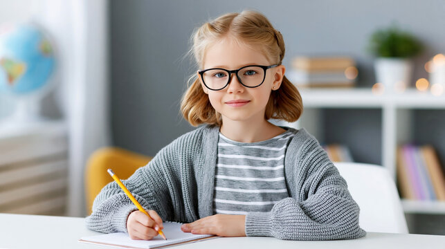 Young schoolgirl wearing glasses writing with pencil at desk, representing education, learning, school, studying, knowledge and childhood development