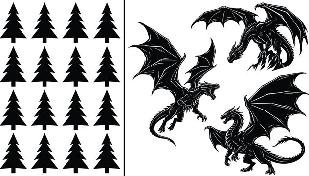 Set of black silhouettes of pine trees and dragons