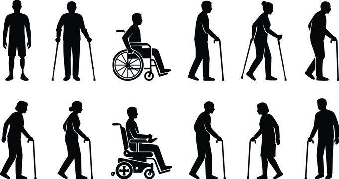 Set of silhouettes of people with disabilities and elderly people