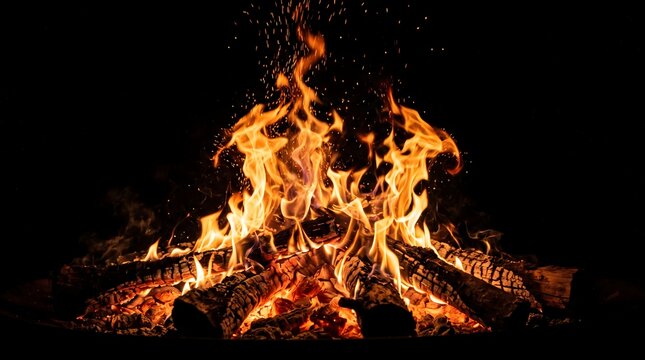 A vibrant bonfire burning brightly in the darkness with intense orange and yellow flames rising from glowing embers and wood logs during a quiet night
