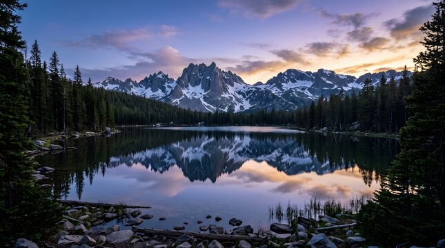 A stunning sunrise view over the jagged snow capped peaks of the sawtooth mountains reflected perfectly in the calm waters of a pristine alpine lake