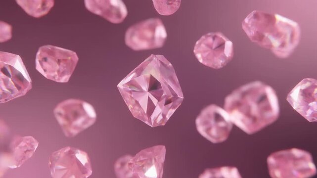 Microscopic rose quartz crystal flakes drift in still air, translucent pink fragments rotating with pearlescent reflections under studio lighting in elegant cinematic macro view.